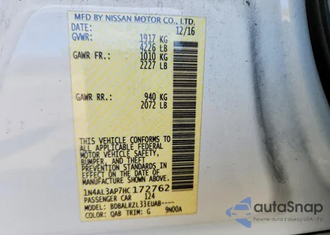 2017 Nissan Altima 2.5 Sl из США, поврежденный, VIN 1N4AL3AP7HC172762